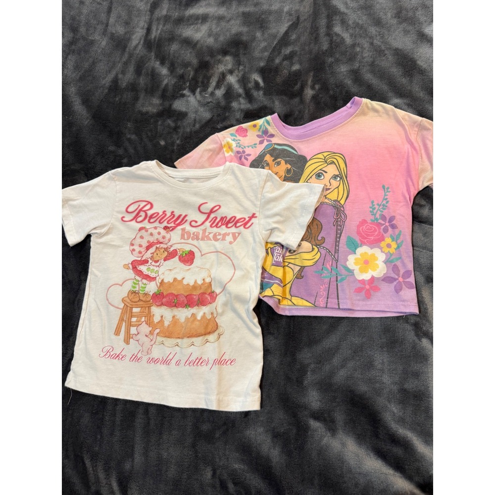 Girls Strawberry Shortcake Disney Princess T Shirt Lot XS 4-5 Size 6 Pink Tee